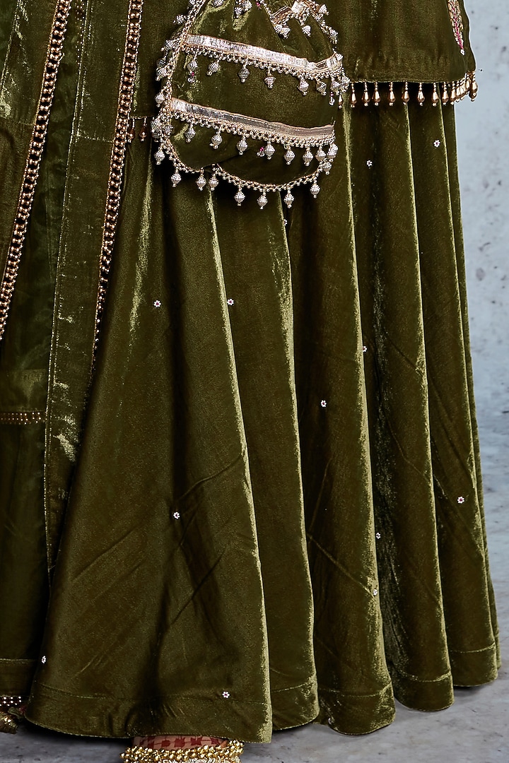 Olive Green Velvet Embroidered Gharara Set by Ajiesh Oberoi at Pernia's Pop Up Shop