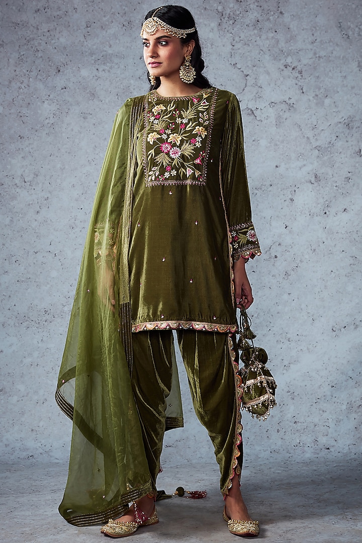 Olive Green Embroidered Dhoti Set by Ajiesh Oberoi