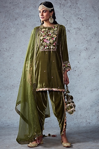 Olive Green Embroidered Dhoti Set by Ajiesh Oberoi
