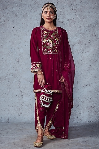 Hot Pink Velvet Dhoti Set by Ajiesh Oberoi