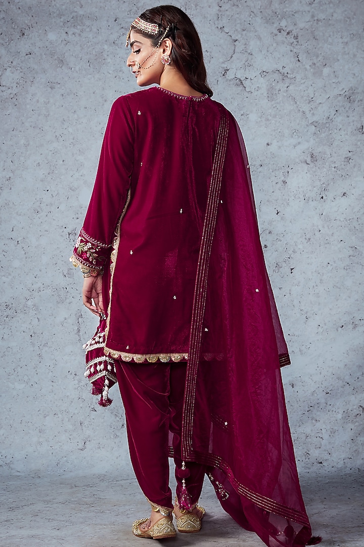 Hot Pink Velvet Dhoti Set by Ajiesh Oberoi at Pernia's Pop Up Shop