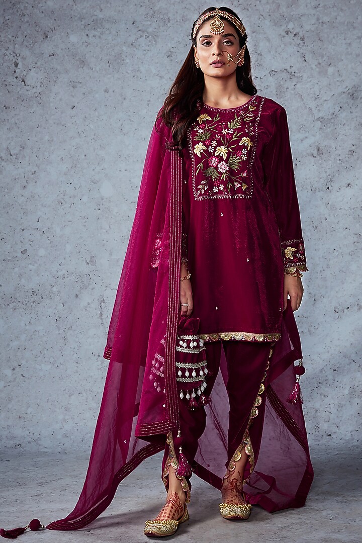 Hot Pink Velvet Dhoti Set by Ajiesh Oberoi at Pernia's Pop Up Shop