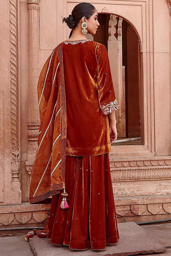 Honey Gold Velvet & Organza Gharara Set by Ajiesh Oberoi at Pernia's Pop Up Shop