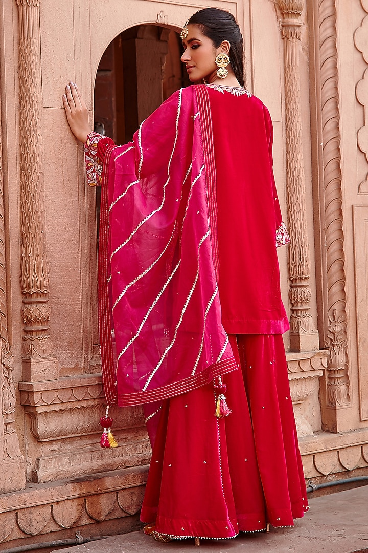 Rani Pink Velvet & Organza Gharara Set by Ajiesh Oberoi at Pernia's Pop Up Shop