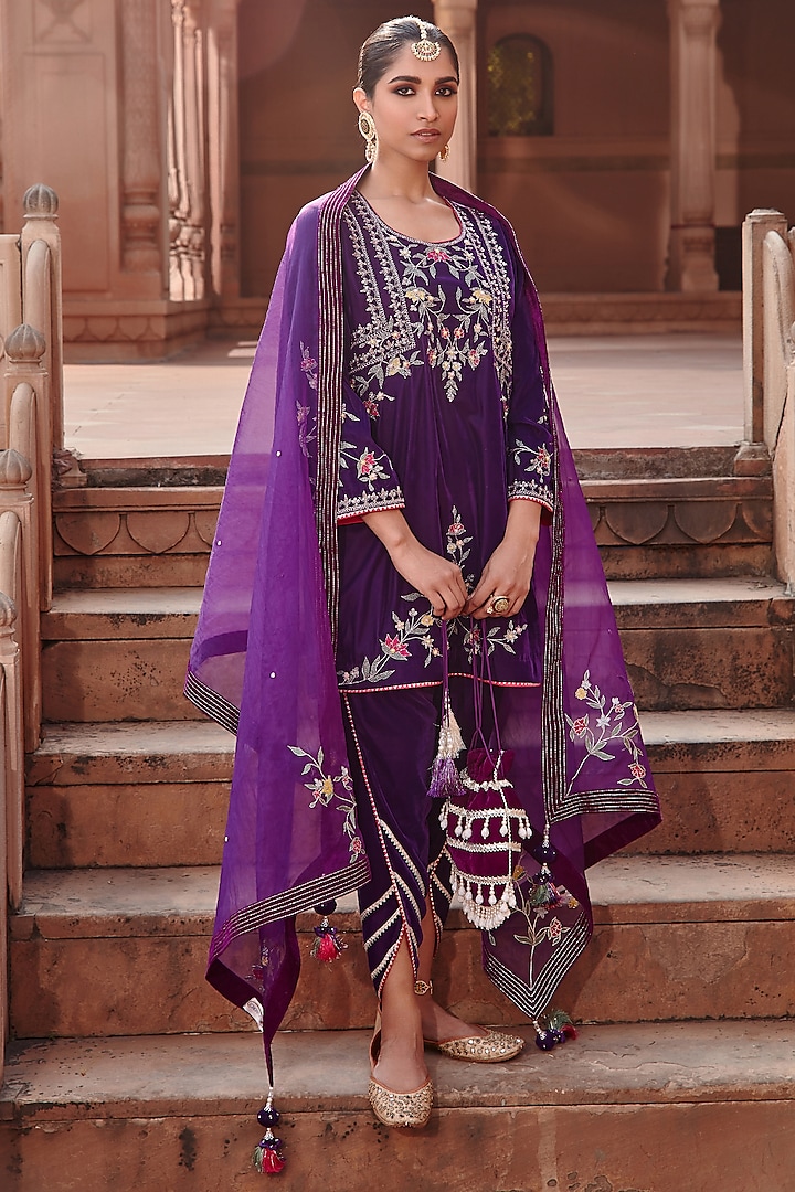 Purple Velvet Organza Dhoti Set by Ajiesh Oberoi at Pernia's Pop