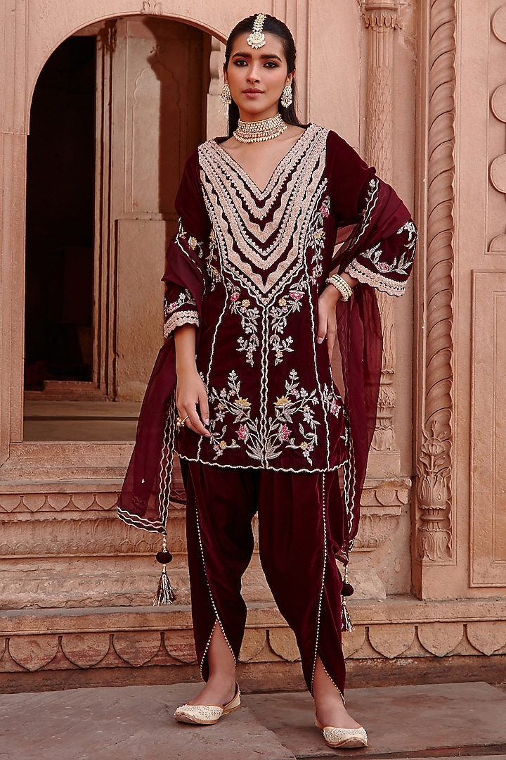 Wine Velvet & Organza Dhoti Set by Ajiesh Oberoi at Pernia's Pop Up Shop
