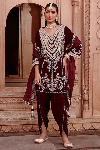 Wine Velvet & Organza Dhoti Set by Ajiesh Oberoi