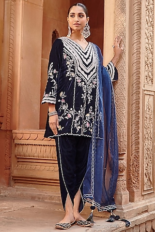 Navy Blue Velvet & Organza Dhoti Set by Ajiesh Oberoi