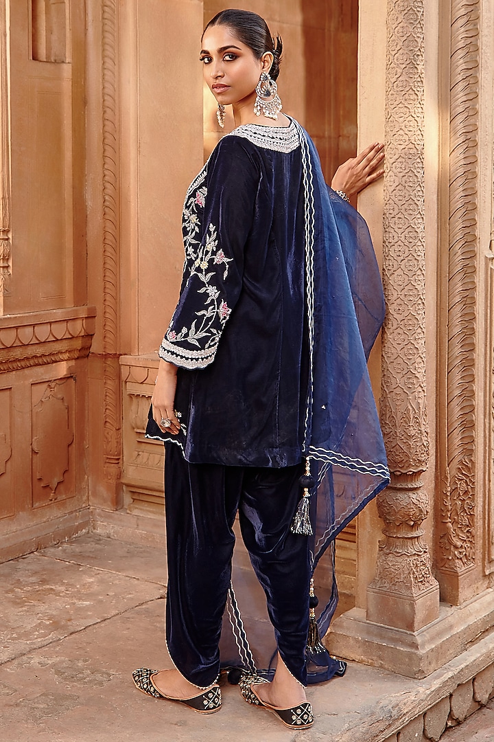 Navy Blue Velvet & Organza Dhoti Set by Ajiesh Oberoi at Pernia's Pop Up Shop
