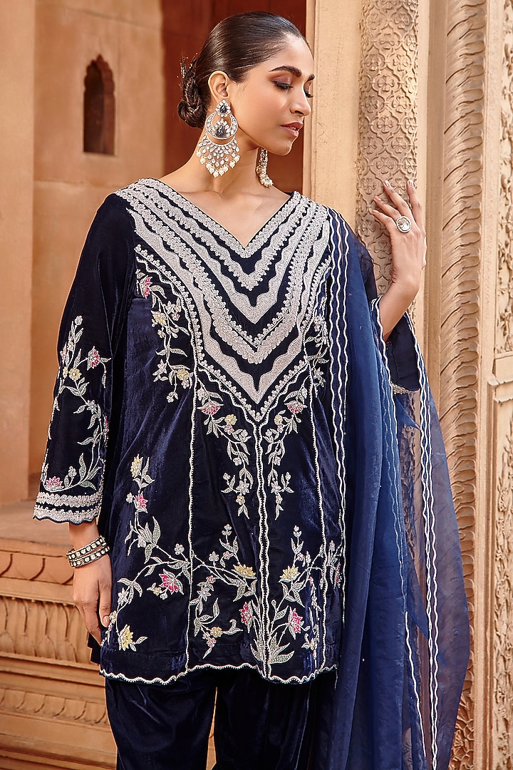 Navy Blue Velvet & Organza Dhoti Set by Ajiesh Oberoi at Pernia's Pop Up Shop