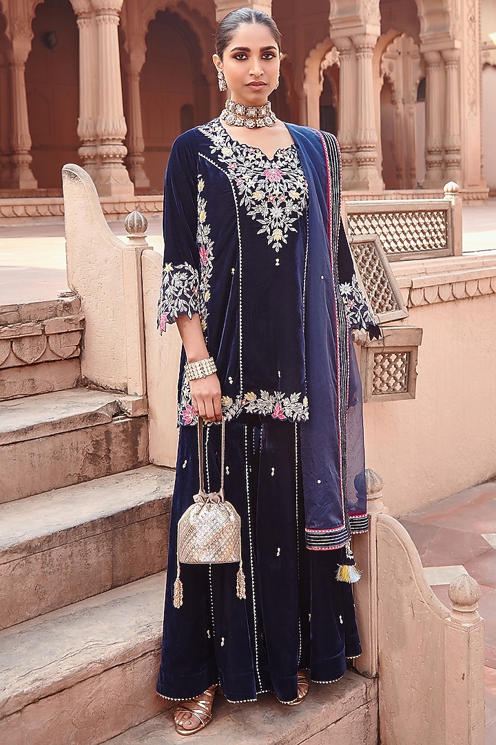 Navy Blue Silk & Organza Gharara Set by Ajiesh Oberoi at Pernia's Pop Up Shop