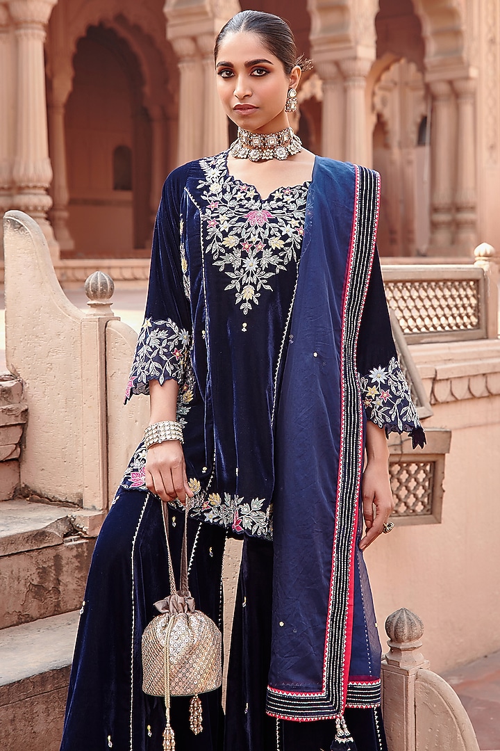 Navy Blue Silk & Organza Gharara Set by Ajiesh Oberoi at Pernia's Pop Up Shop