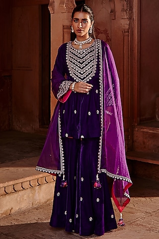 Purple Embroidered Gharara Set by Ajiesh Oberoi