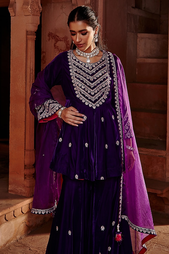 Purple Embroidered Gharara Set by Ajiesh Oberoi at Pernia's Pop Up Shop