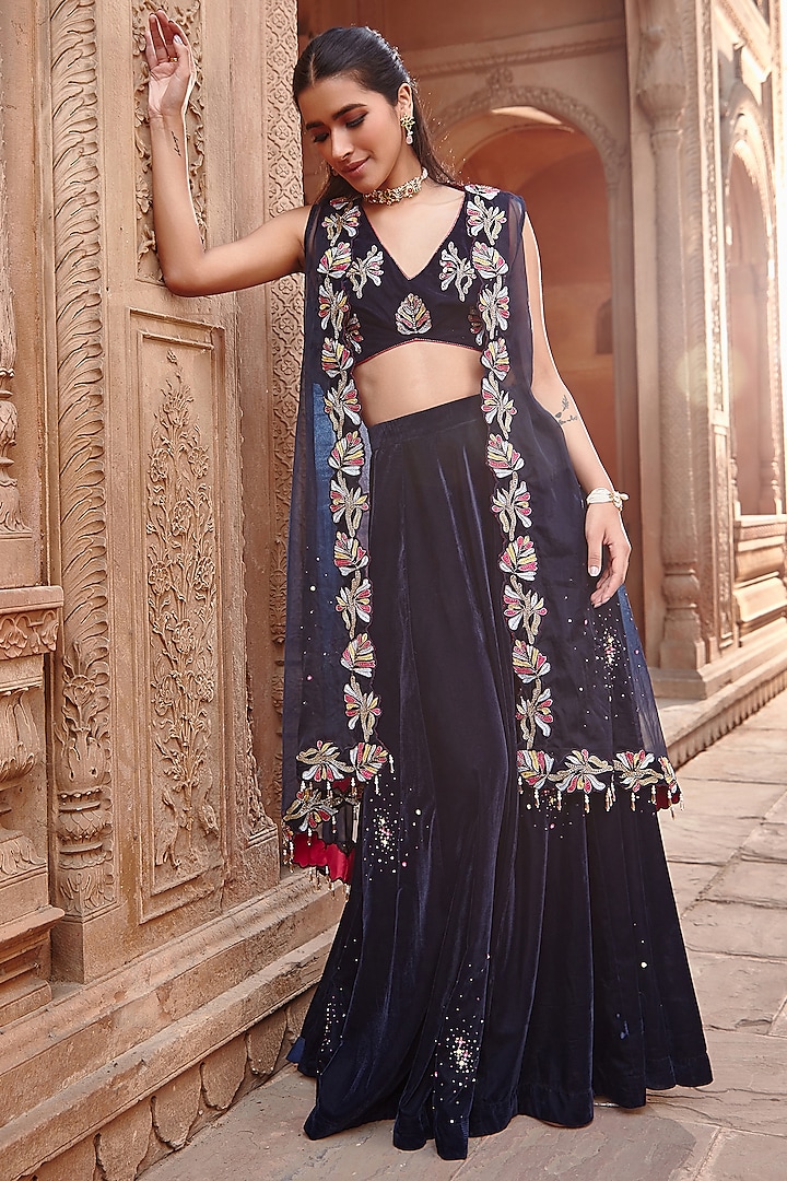Navy Blue Hand Embroidered Cape Set by Ajiesh Oberoi