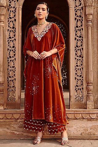 Honey Gold Hand Embroidered Kaftan Set by Ajiesh Oberoi