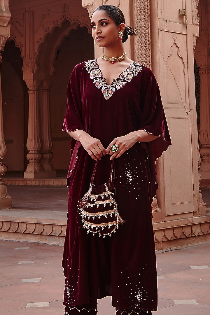 Wine Hand Embroidered Kaftan Set by Ajiesh Oberoi at Pernia's Pop Up Shop