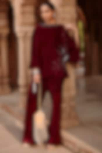 Wine Velvet Flared Pant Set by Ajiesh Oberoi