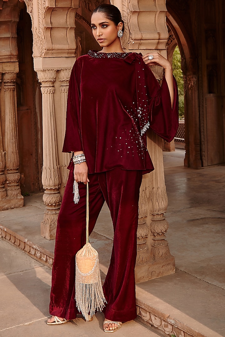 Wine Velvet Flared Pant Set by Ajiesh Oberoi