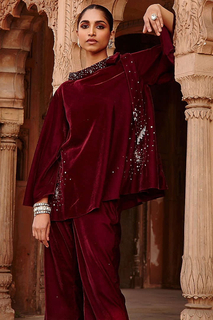 Wine Velvet Flared Pant Set by Ajiesh Oberoi at Pernia's Pop Up Shop