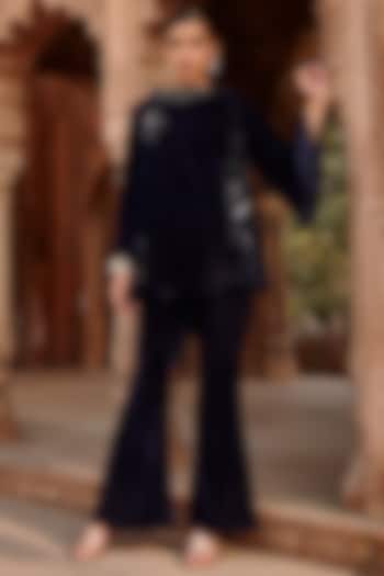 Navy Blue Velvet Flared Pant Set by Ajiesh Oberoi at Pernia's Pop Up Shop