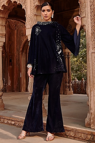 Navy Blue Velvet Flared Pant Set by Ajiesh Oberoi