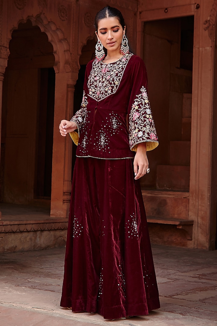 Wine Embroidered Jacket Set by Ajiesh Oberoi