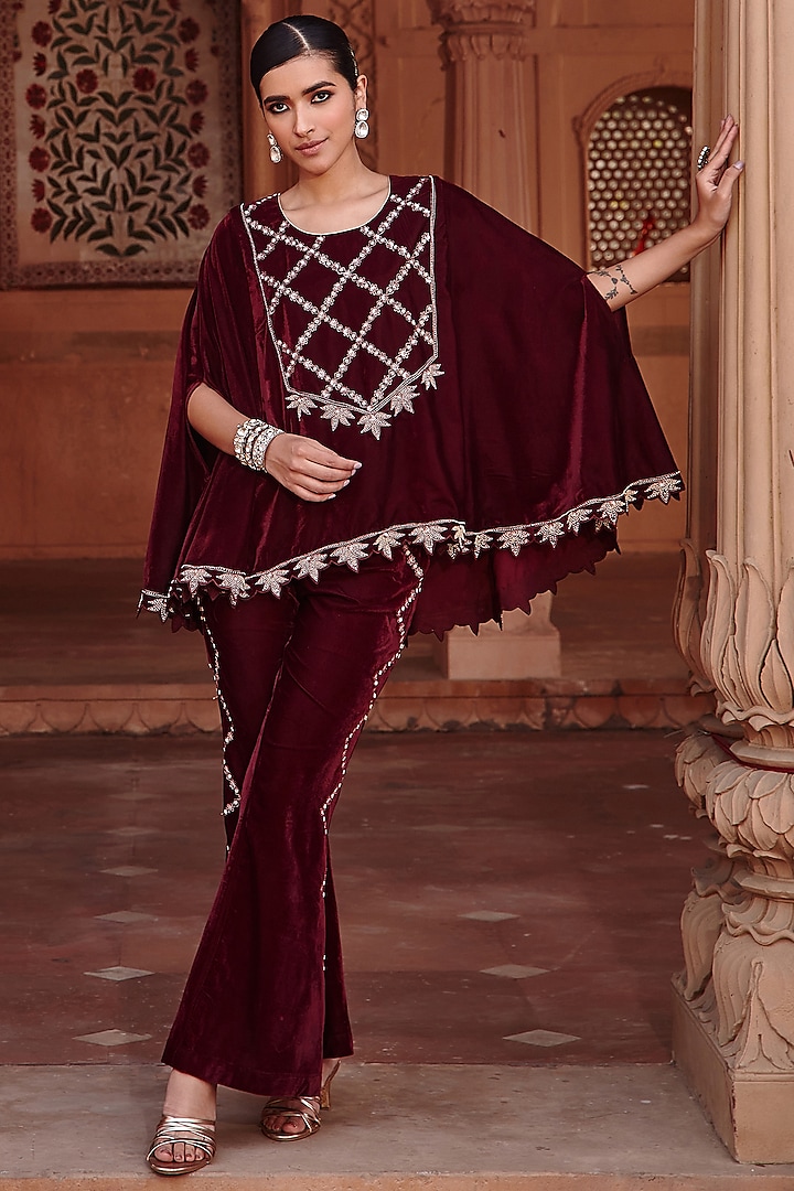 Wine Embroidered Cape Set by Ajiesh Oberoi