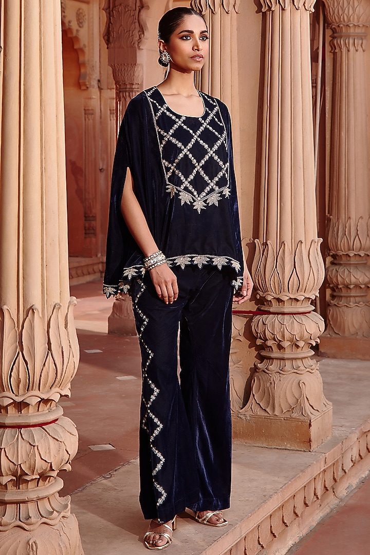 Navy Embroidered Cape Set by Ajiesh Oberoi