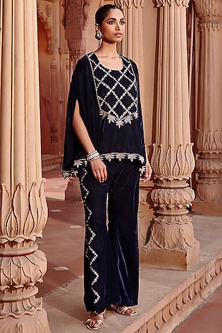 Navy Embroidered Cape Set by Ajiesh Oberoi
