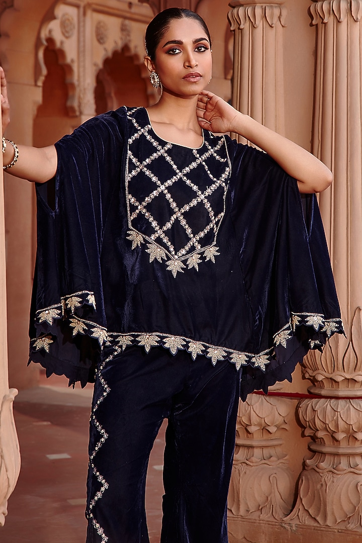 Navy Embroidered Cape Set by Ajiesh Oberoi at Pernia's Pop Up Shop