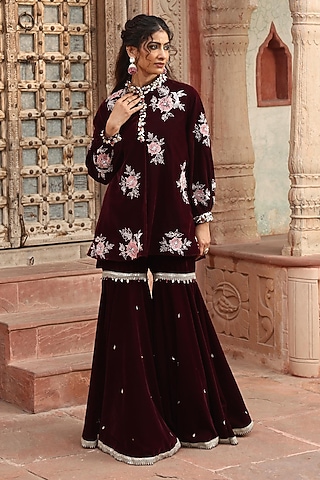 Wine Velvet Gharara Set by Ajiesh Oberoi