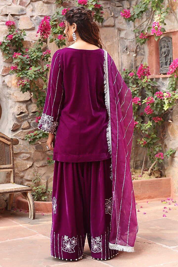 Purple Velvet Gota Embroidered Straight Kurta Set by Ajiesh Oberoi at Pernia's Pop Up Shop