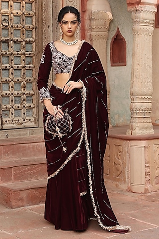 Wine Velvet Sequins Embellished Pre-Draped Sharara Saree Set by Ajiesh Oberoi