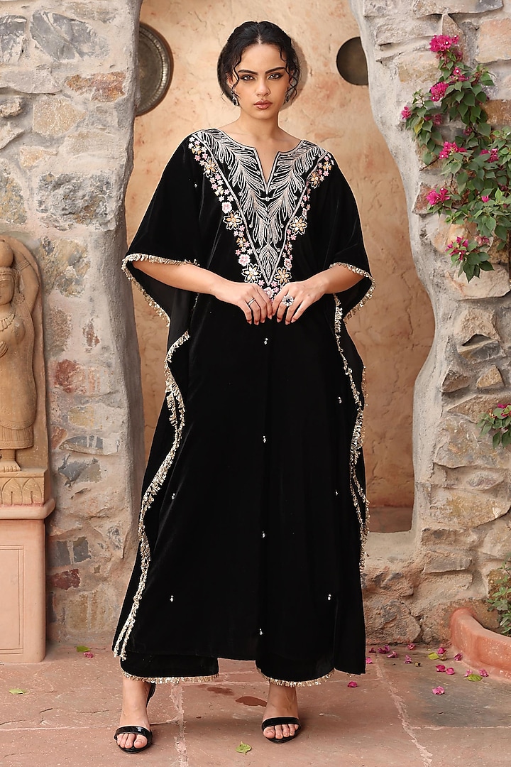 Black Velvet Embroidered Kaftan Set by Ajiesh Oberoi at Pernia's Pop Up Shop