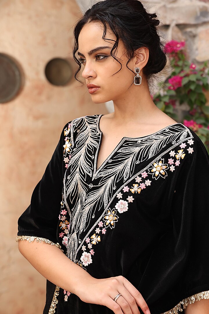 Black Velvet Embroidered Kaftan Set by Ajiesh Oberoi at Pernia's Pop Up Shop