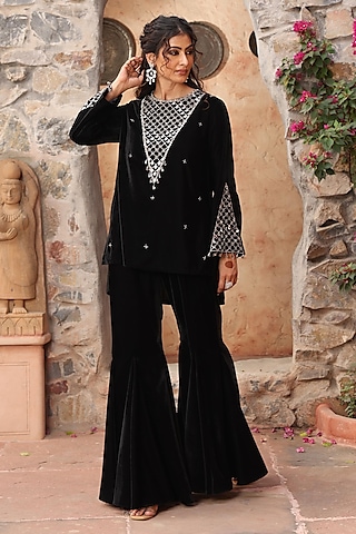 Black Velvet Embroidered Co-Ord Set by Ajiesh Oberoi