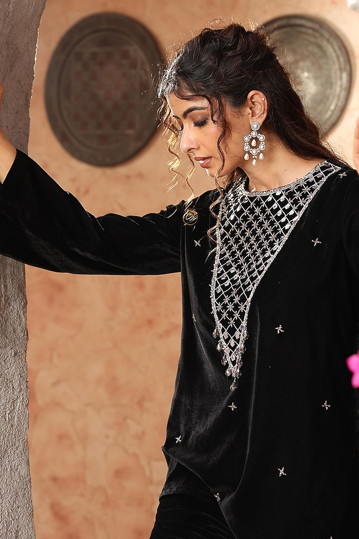 Black Velvet Embroidered Co-Ord Set by Ajiesh Oberoi at Pernia's Pop Up Shop
