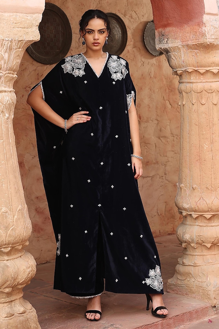 Navy Blue Velvet Embroidered Kaftan Set by Ajiesh Oberoi at Pernia's Pop Up Shop