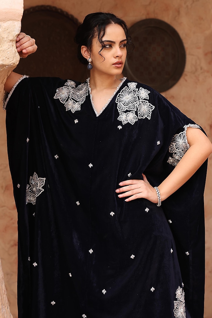 Navy Blue Velvet Embroidered Kaftan Set by Ajiesh Oberoi at Pernia's Pop Up Shop
