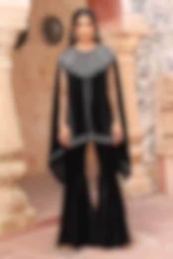 Black Velvet Embroidered Cape Set by Ajiesh Oberoi at Pernia's Pop Up Shop