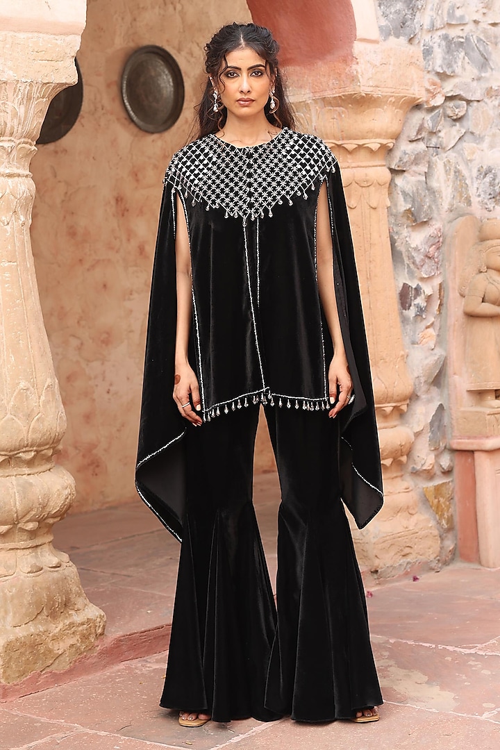 Black Velvet Embroidered Cape Set by Ajiesh Oberoi at Pernia's Pop Up Shop