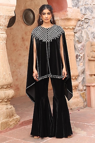 Black Velvet Embroidered Cape Set by Ajiesh Oberoi