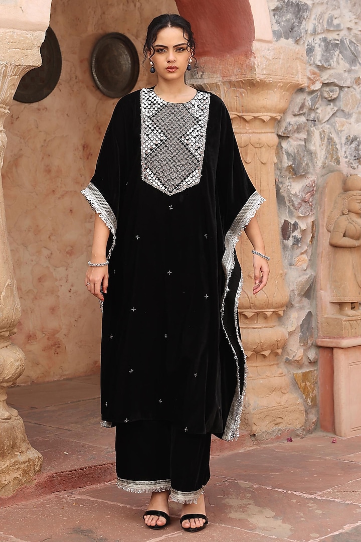 Black Velvet Embroidered Kaftan Set by Ajiesh Oberoi at Pernia's Pop Up Shop