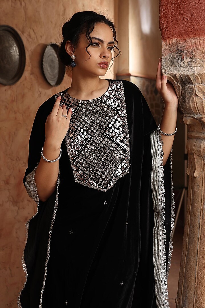 Black Velvet Embroidered Kaftan Set by Ajiesh Oberoi at Pernia's Pop Up Shop