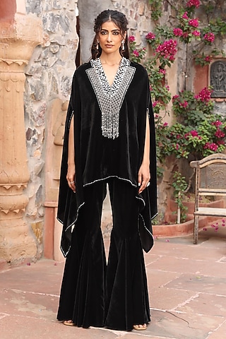 Black Velvet Embroidered Cape Set by Ajiesh Oberoi