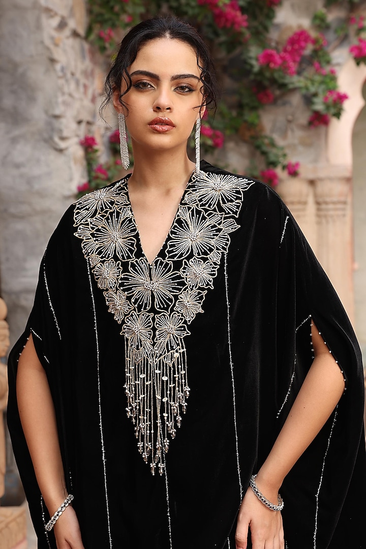 Black Velvet Embroidered Kaftan by Ajiesh Oberoi at Pernia's Pop Up Shop