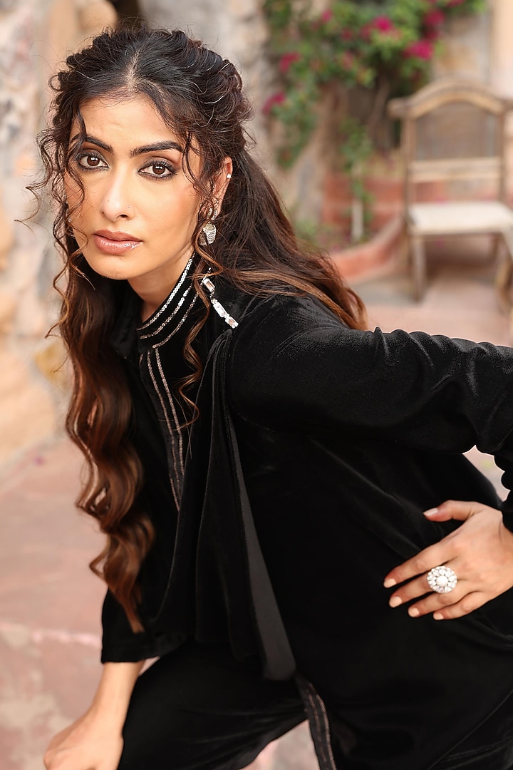 Black Velvet Embroidered Co-Ord Set by Ajiesh Oberoi at Pernia's Pop Up Shop