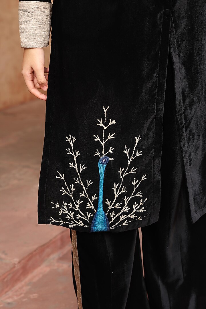 Black Velvet Peacock Motif Embroidered Kurta Set by Ajiesh Oberoi at Pernia's Pop Up Shop