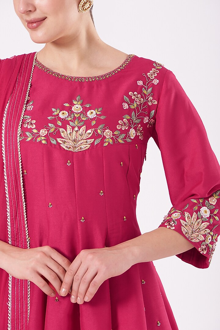 Fuchsia Dupion Silk 3D Embroidered Gharara Set by Ajiesh Oberoi at Pernia's Pop Up Shop